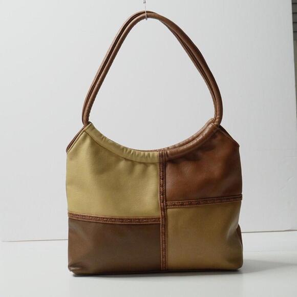 VTG Y2K Brown Faux Leather Patchwork Retro Shoulder Bag Hippie Boho 2000s Chic - Picture 2 of 8
